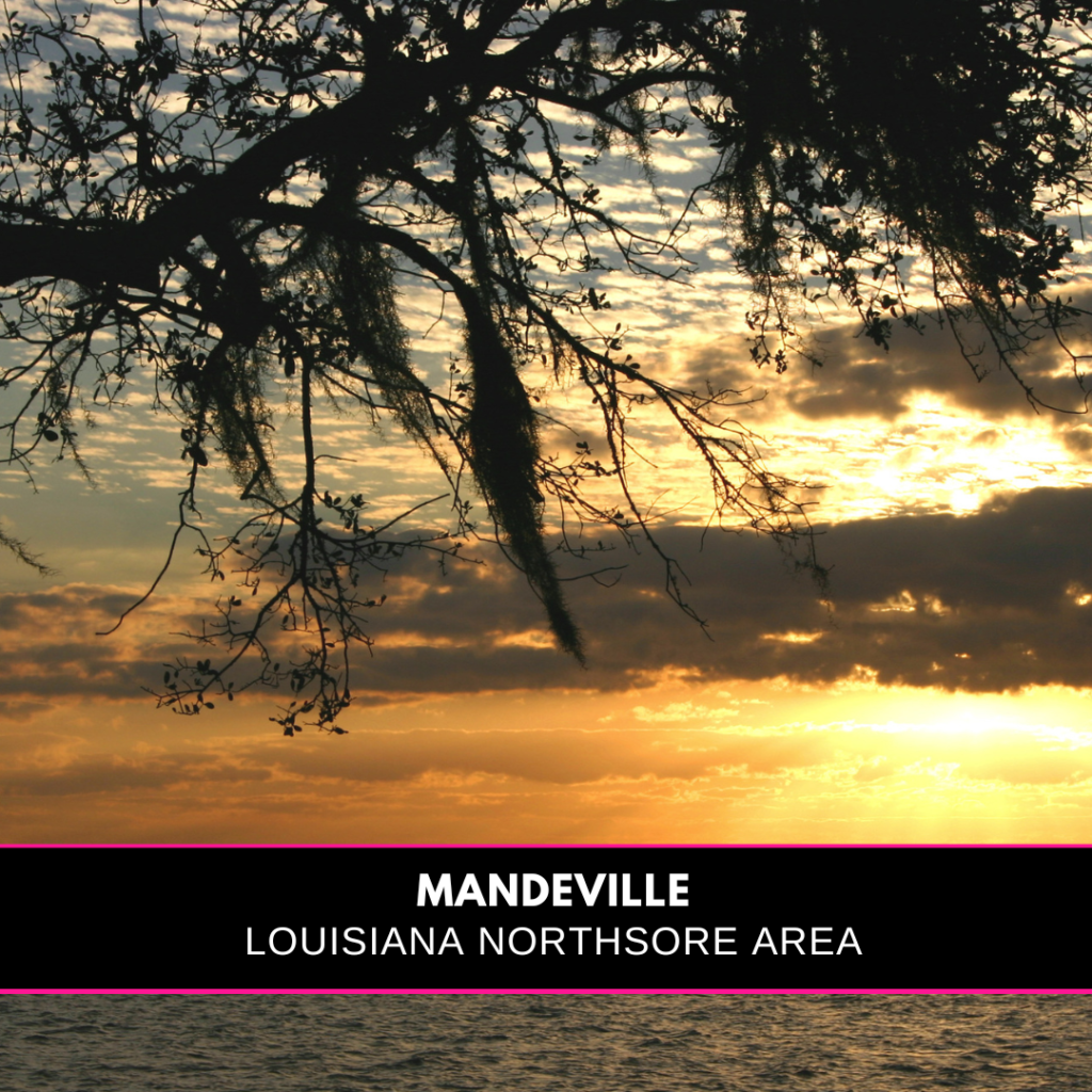 Image of a lake behind a tree and a title of Mandeville Louisiana Northshore area