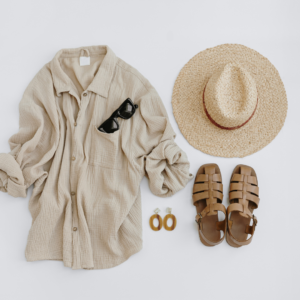Tan shirt, hat, shoes and accessories