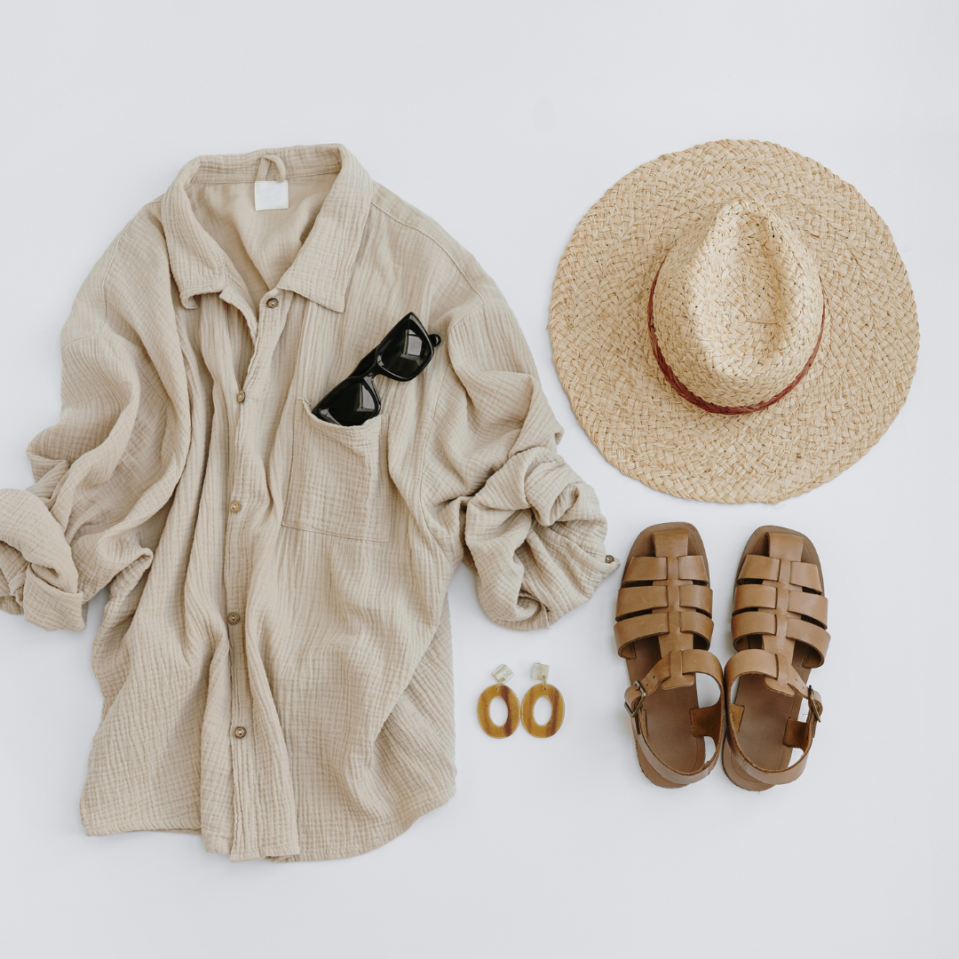 Tan shirt, hat, shoes and accessories