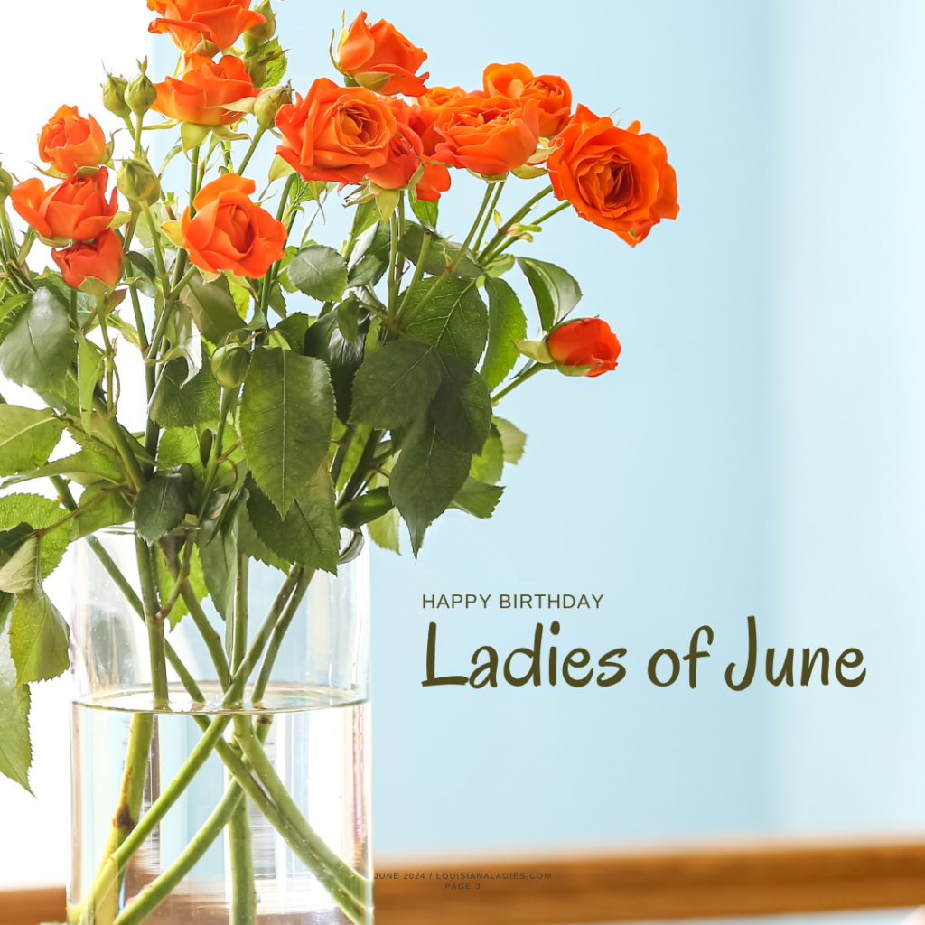 This is an image of a vase of orange roses and the words Happy Birthday Ladies of June on a blue background