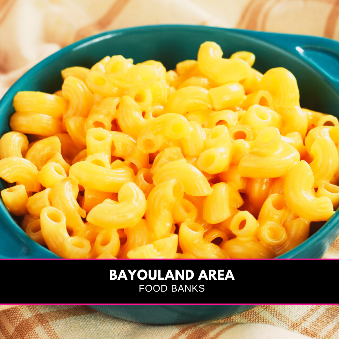 Image of a bowl of pasta and a banner that reads Bayouland Food banks