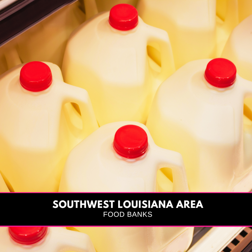 image of gallons of mile and a banner reading Southwest Louisiana Food banks