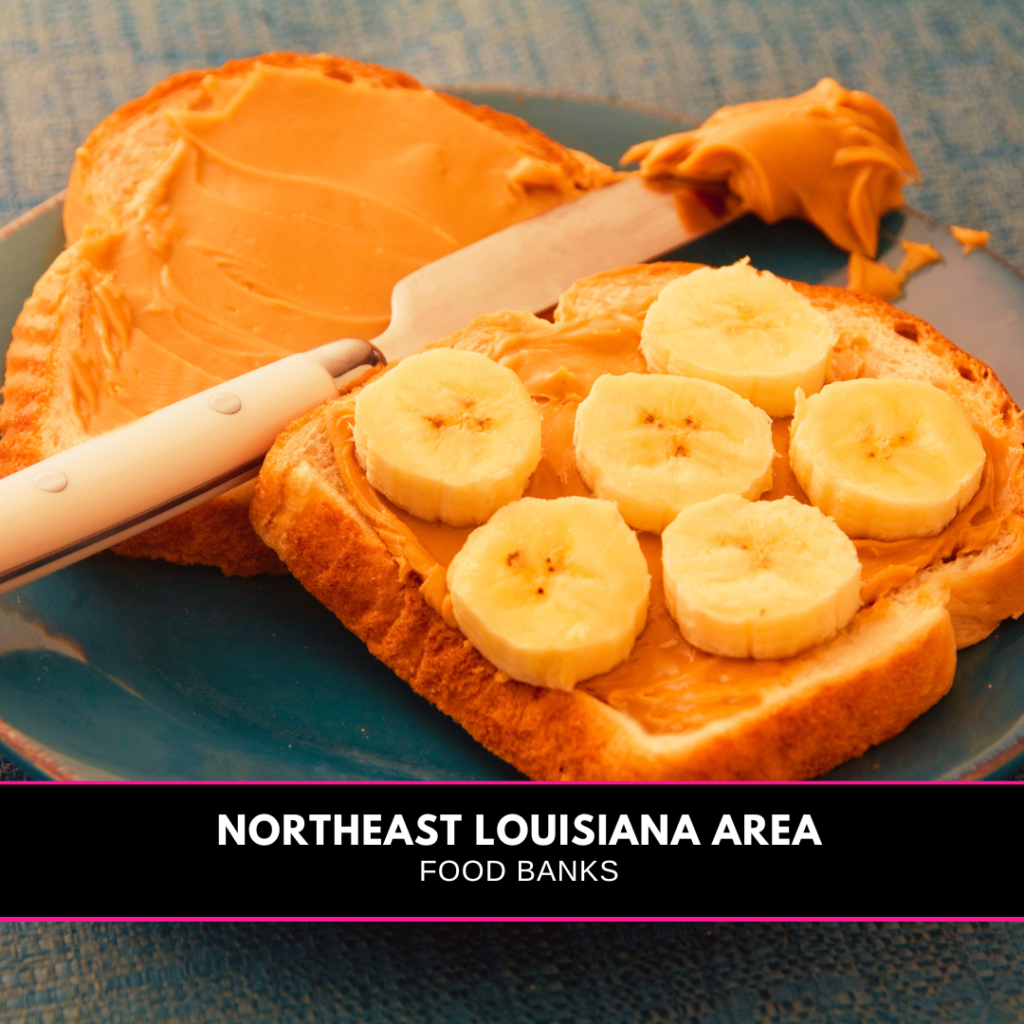 image of a slice of bread with peanut butter and sliced bananas on it as well as a banner that reads Northeast Louisiana Food Banks