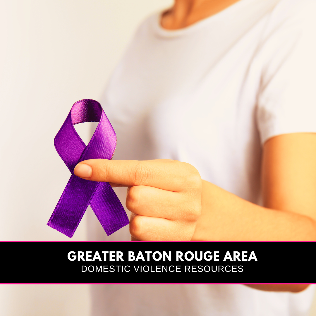 woman in a white shirt holding a purple ribbon and a banner reading Greater baton Rouge area Domestic Violence Resources