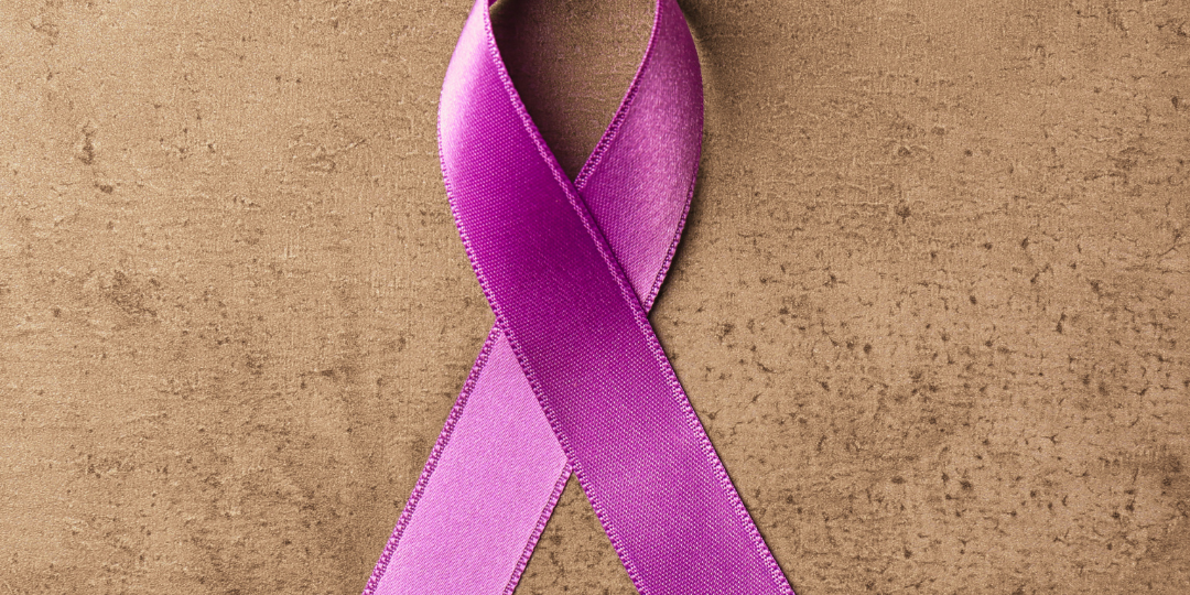 A purple ribbon and banner that reads Bayouland Area Domestic Violence Rsources