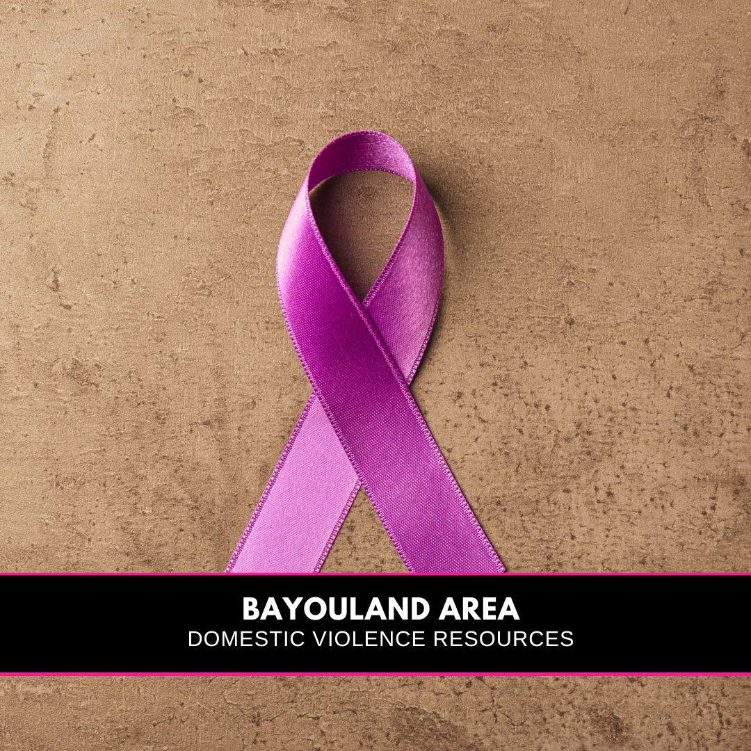 A purple ribbon and banner that reads Bayouland Area Domestic Violence Rsources