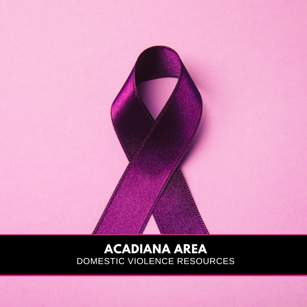 A purple ribbon and a banner that reads Acadiana Area Domestic Violence Resources