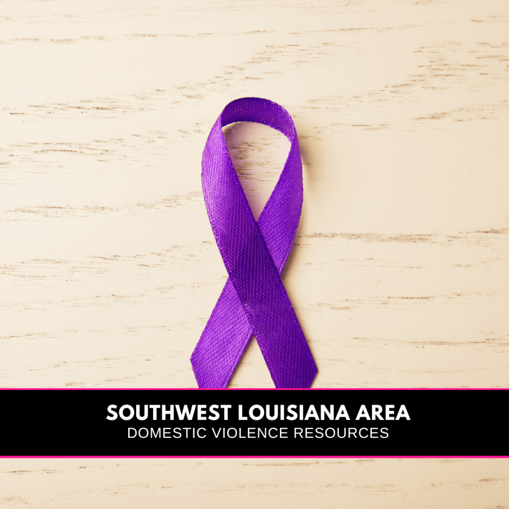 a purple ribbon and a banner reading Southwest Louisiana Domestic Violence Resources