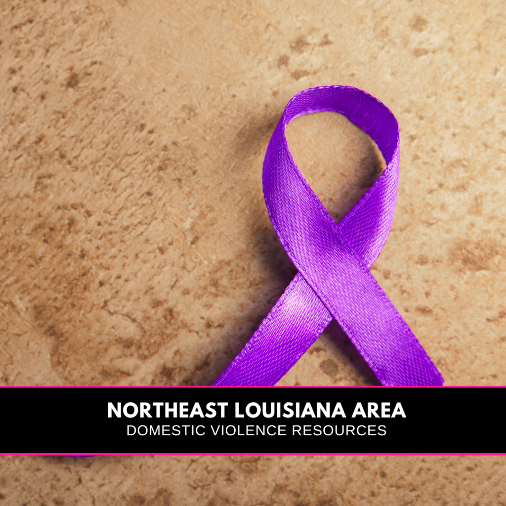 a purple ribbon and a banner reading Northeast Louisiana Domestic Violence Resources