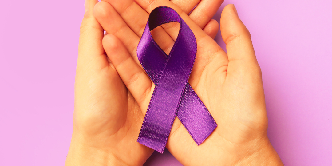 a purplle ribbon and banner taht reads Northshore Area Domestic Violence Resources