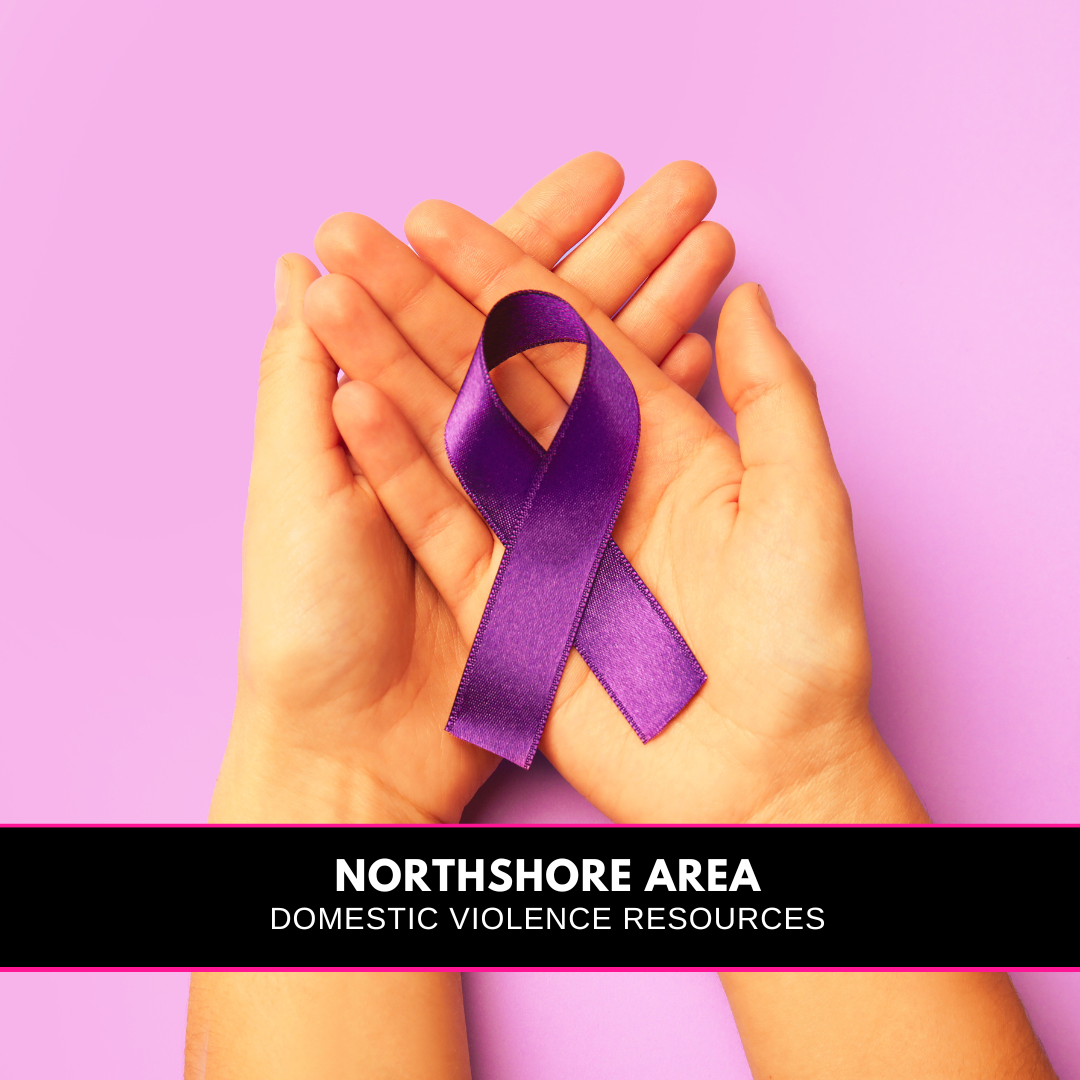 a purplle ribbon and banner taht reads Northshore Area Domestic Violence Resources