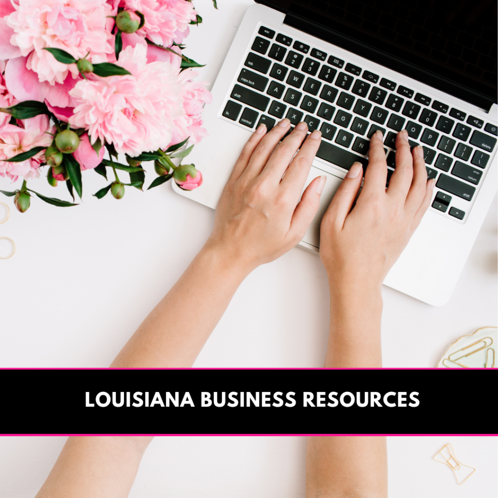 a woman typing on a computer and a banner reading Louisiana Business Resources